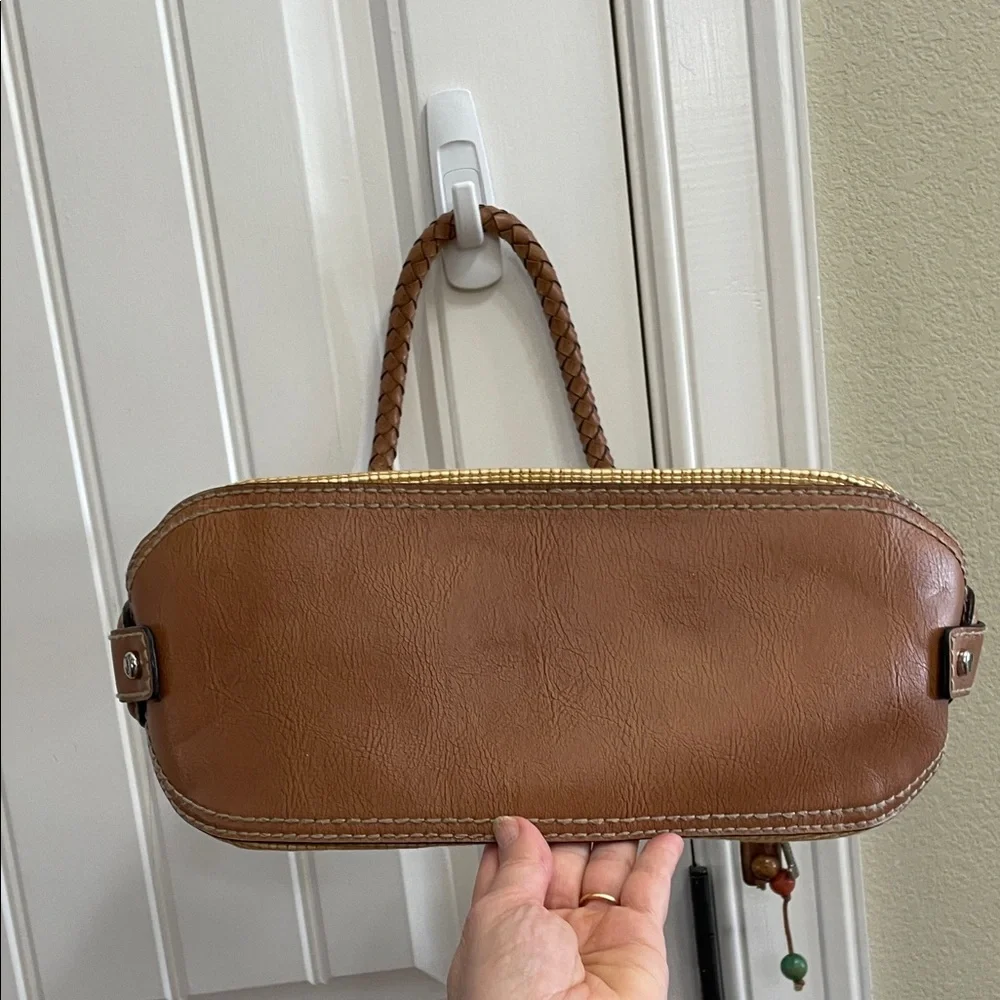 🌸FOSSIL Rattan with Tan Leather Trim and Floral Interior Shoulder Bag